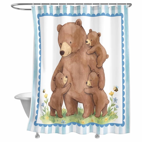 Bathroom Shower Curtain Farmhouse Bears Pastoral Flower Waterproof Shower Curtains with Hooks, Brown Animal Blue Stripe Bath Curtains Bathtub Curtain Home Decor 72x72in