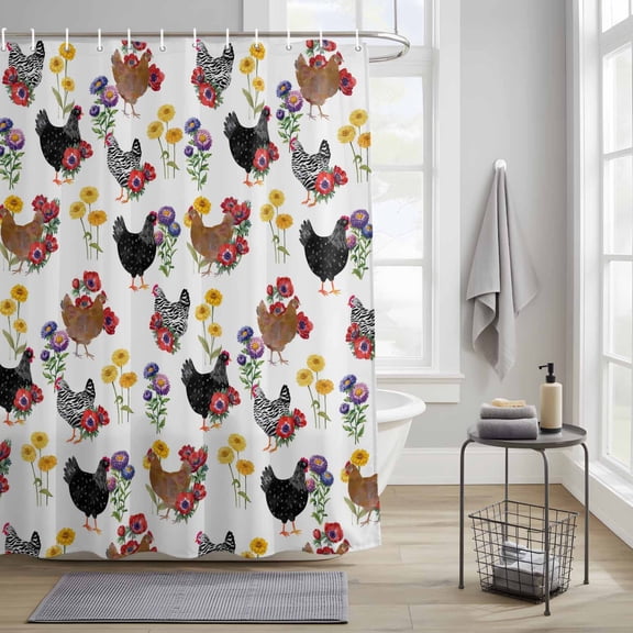 Bathroom Shower Curtain Farmhouse Chicken Colorful Poppy Waterproof Shower Curtains with Hooks, Spring Floral Leaves Bath Curtains Bathtub Curtain Home Decor 36x72in