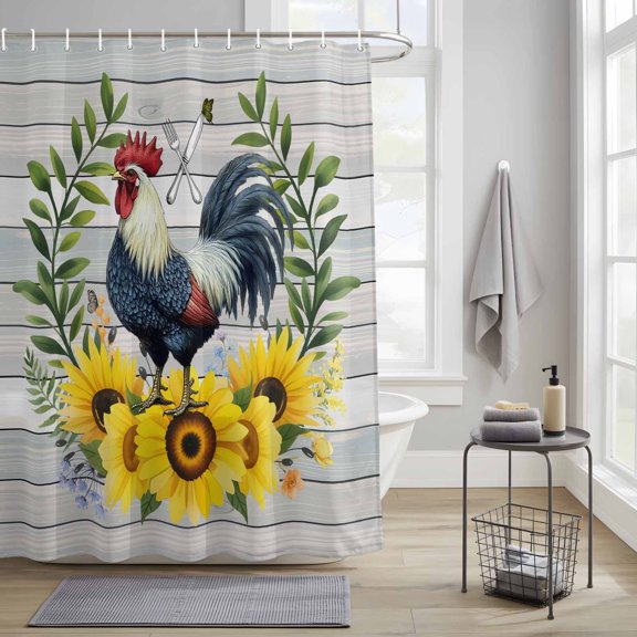 Bathroom Shower Curtain Farmhouse Chicken Sunflower Leaf Waterproof Shower Curtains with Hooks, Rustic Cock Plant Wood Board Bath Curtains Bathtub Curtain Home Decor 36x72in