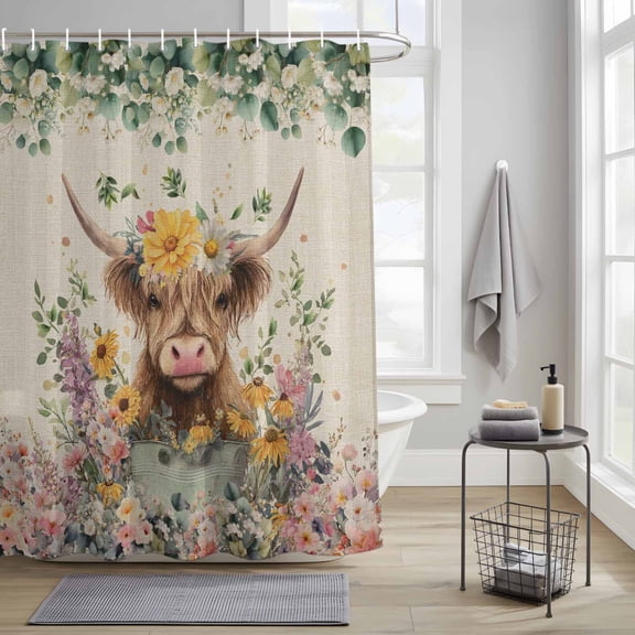 Bathroom Shower Curtain Farmhouse Cow Spring Flower Waterproof Shower Curtains with Hooks, Rustic Eucalyptus Leaf Retro Linen Bath Curtains Bathtub Curtain Home Decor 36x72in