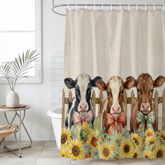 Bathroom Shower Curtain Farmhouse Cow Sunflower Burlap Waterproof Shower Curtains with Hooks, Rustic Wooden Fence Bath Curtains Bathtub Curtain Home Decor 36x72in