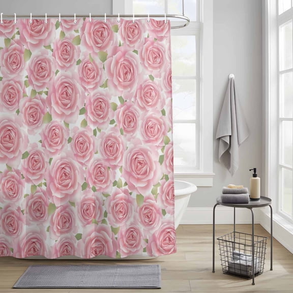 Bathroom Shower Curtain Farmhouse Pastoral Flower Leaf Waterproof Shower Curtains with Hooks, Seamless Pink Rose Floral Bath Curtains Bathtub Curtain Home Decor 36x72in