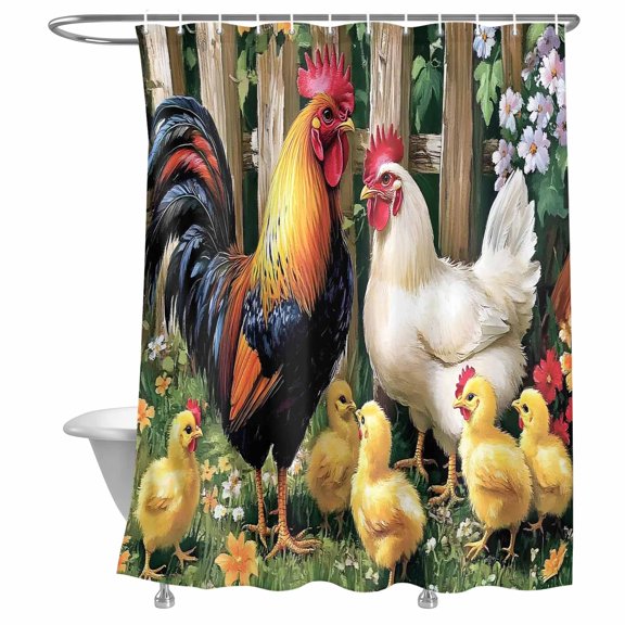 Bathroom Shower Curtain Farmhouse Rooster Hen Chick Waterproof Shower Curtains with Hooks, Wooden Fence Flower