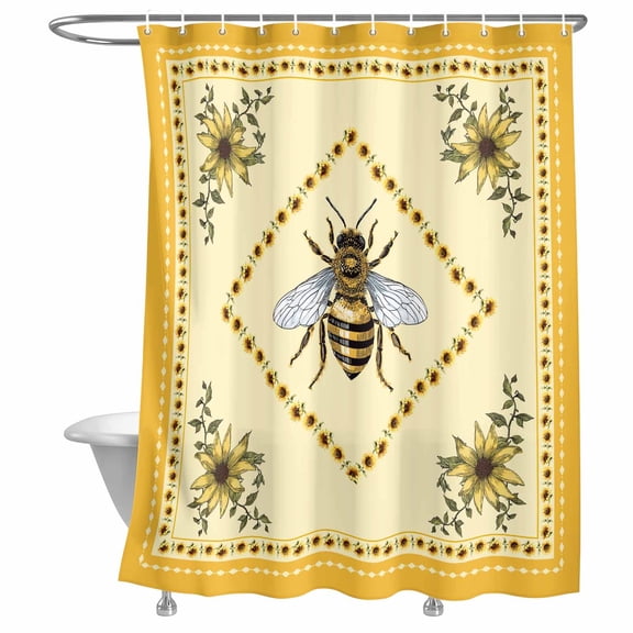 Bathroom Shower Curtain Farmhouse Sunflower Bee Waterproof Shower Curtains with Hooks, Pastoral Floral Retro Yellow Theme Bath Curtains Bathtub Curtain Home Decor 72x72in