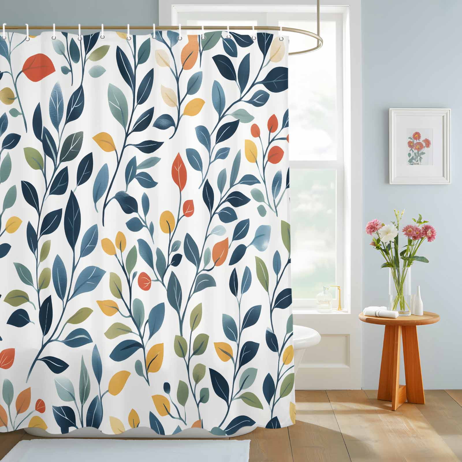 Bathroom Shower Curtain Farmhouse Watercolor Plant Leaves Waterproof ...