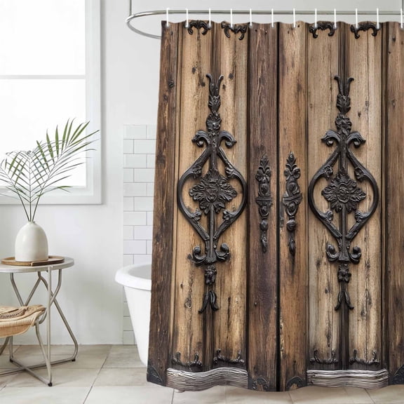 Bathroom Shower Curtain Farmhouse Wooden Plank Barn Doors Waterproof Shower Curtains with Hooks, Shabby Brown Wood Bath Curtains Bathtub Curtain Home Decor 36x72in