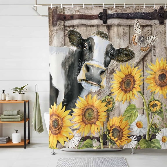 Bathroom Shower Curtain Farmhouses Cows Sunflower Daisy Leaves Waterproof Shower Curtains with Hooks, Vintage Barn Bath Curtains Bathtub Curtain Home Decor 48x72in