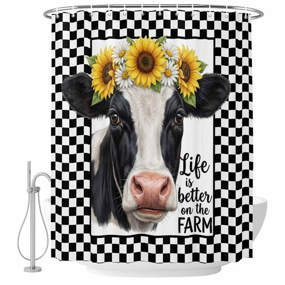 Bathroom Shower Curtain Farms Cows Sunflowers Daisy Waterproof Shower Curtains with Hooks, Black White Stripes Bath Curtains Bathtub Curtain Home Decor 60x72in