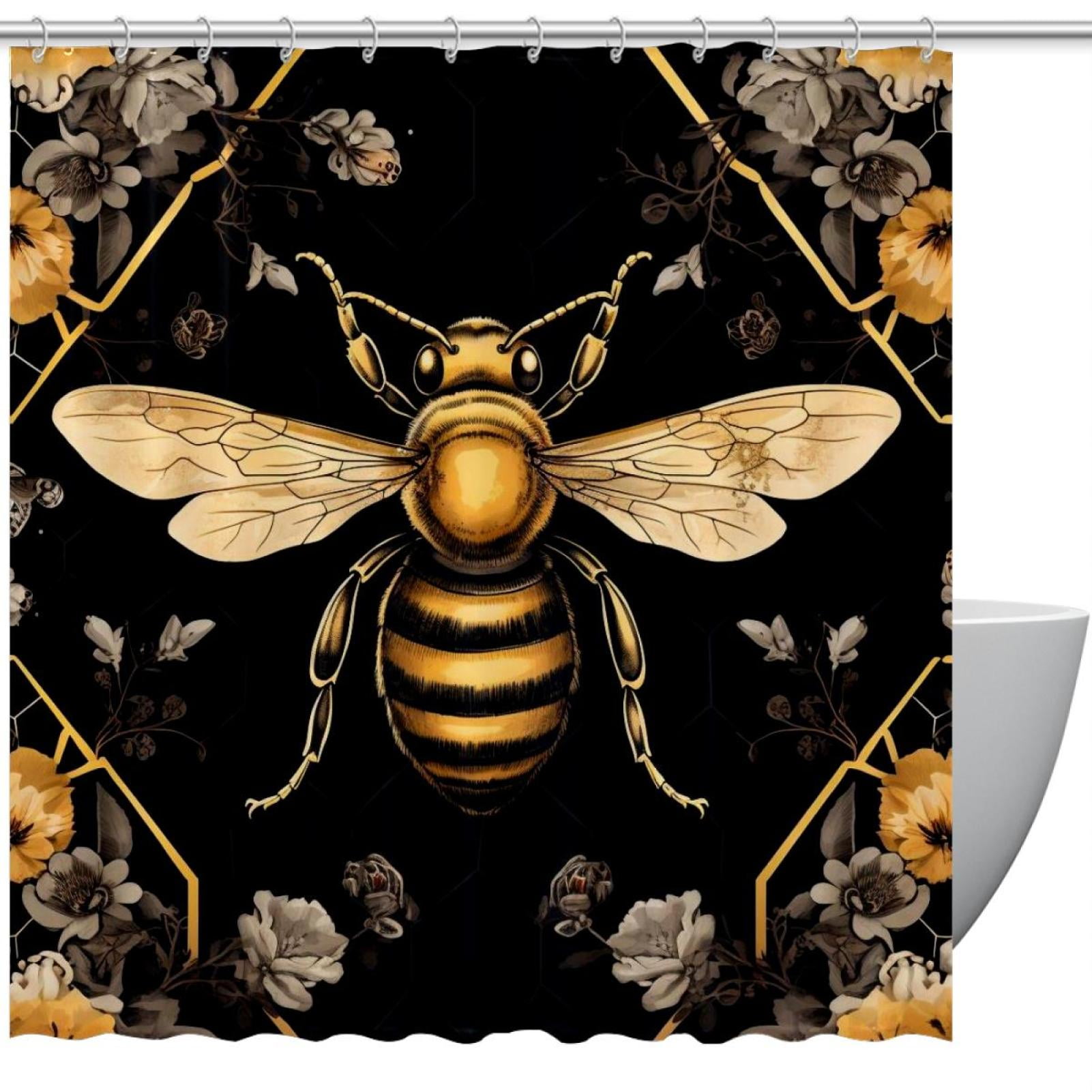 Bathroom Shower Curtain Flower Bee Floral, Waterproof Fabric Shower