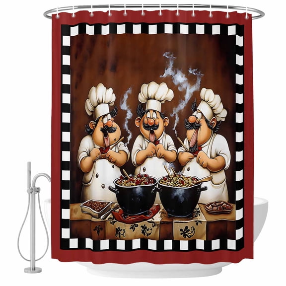 Bathroom Shower Curtain Fun Chef Food Kitchen Cooking Waterproof Shower Curtains with Hooks, Black White Checked Bath Curtains Bathtub Curtain Home Decor 60x72in