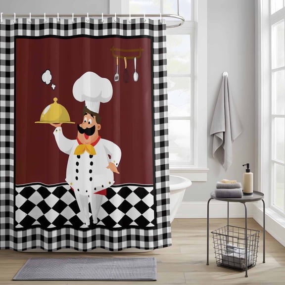 Bathroom Shower Curtain Funny Chef Food Cutlery Waterproof Shower Curtains with Hooks, Black White Plaid Dark Maroon Bath Curtains Bathtub Curtain Home Decor 36x72in