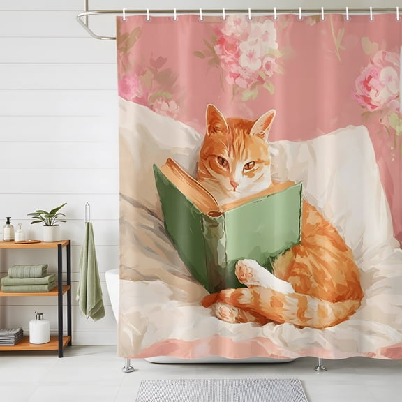 Bathroom Shower Curtain Ginger Cat Reading Book Waterproof Shower Curtains with Hooks, Funny Animal Pink Blossom Flower Bath Curtains Bathtub Curtain 48x72in