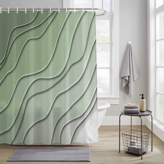 Bathroom Shower Curtain Gradient Sage Green Ocean Wave Line Waterproof Shower Curtains with Hooks, Simple Striped Bath Curtains Bathtub Curtain Home Decor 36x72in