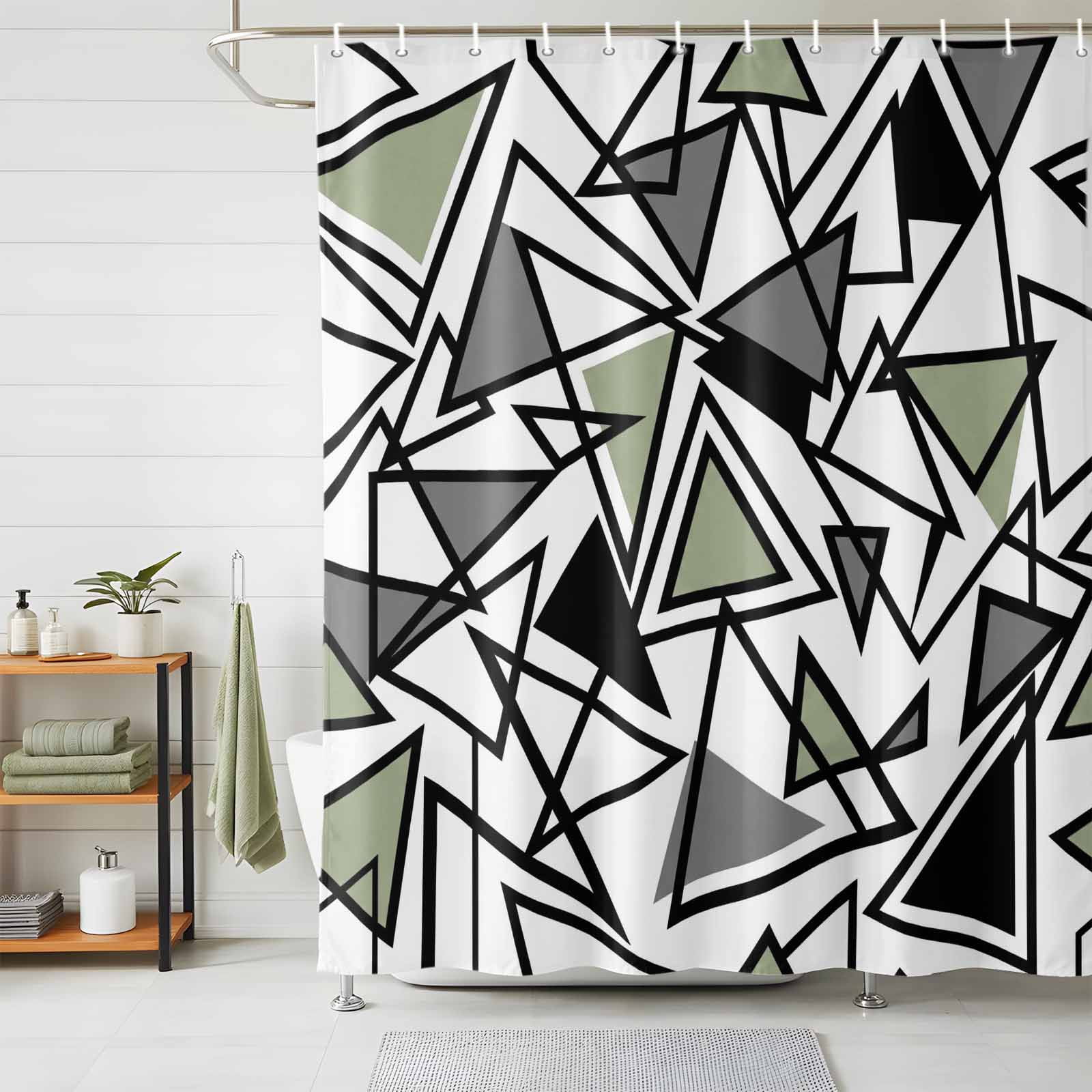Bathroom Shower Curtain Green Black Geometric Triangle Waterproof ...