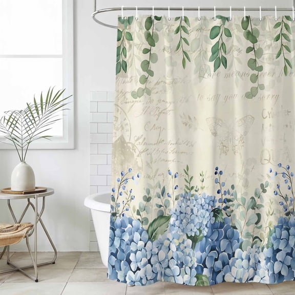 Bathroom Shower Curtain Green Eucalyptus Leaves Blue Hydrangea Flower Waterproof Shower Curtains with Hooks, Retro Letter Bath Curtains Bathtub Curtain Home Decor 36x72in