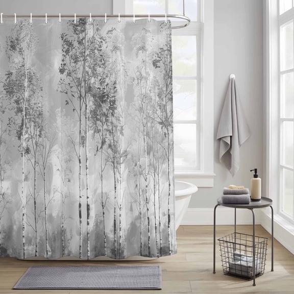 Bathroom Shower Curtain Grey Forest Oil Painting Style Waterproof Shower Curtains with Hooks, Abstract Botanical Artwork Bath Curtains Bathtub Curtain Home Decor 36x72in