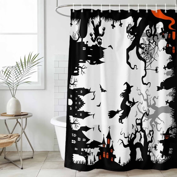 Bathroom Shower Curtain Halloween Black Castle Witch Horror Waterproof Shower Curtains with Hooks, Spiders-Web Bat Bath Curtains Bathtub Curtain 36x72in