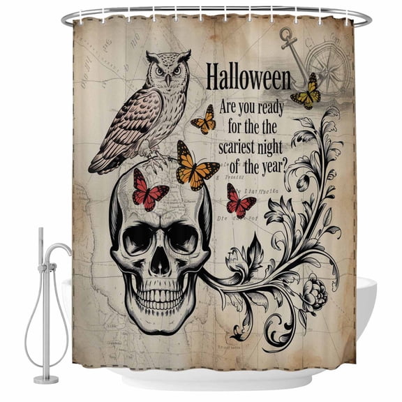 Bathroom Shower Curtain Halloween Skull Owls on Vintage Waterproof Shower Curtains with Hooks, Retro Butterflies Flower Bath Curtains Bathtub Curtain Home Decor 60x72in