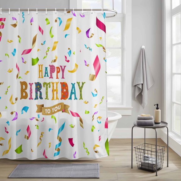 Bathroom Shower Curtain Happy Birthday to You Words Waterproof Shower Curtains with Hooks, Colorful Ribbon Bath Curtains Bathtub Curtain Home Decor 36x72in