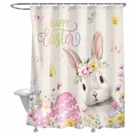 Bathroom Shower Curtain Happy Easter Bunny Retro Linen Waterproof Shower Curtains with Hooks, Pink Easter Egg Wildflower Bath Curtains Bathtub Curtain Home Decor 72x72in