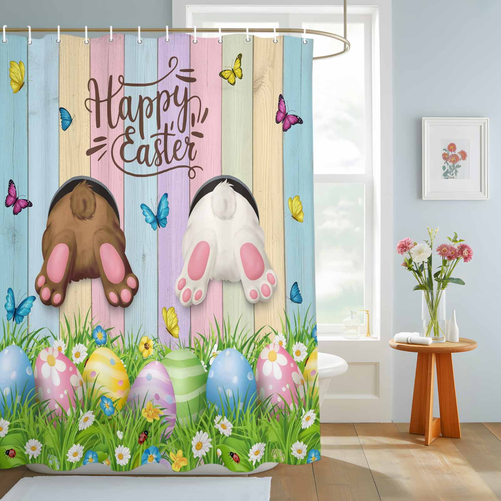 Bathroom Shower Curtain Happy Easter Rabbit Butt Egg on Daisy Leaf