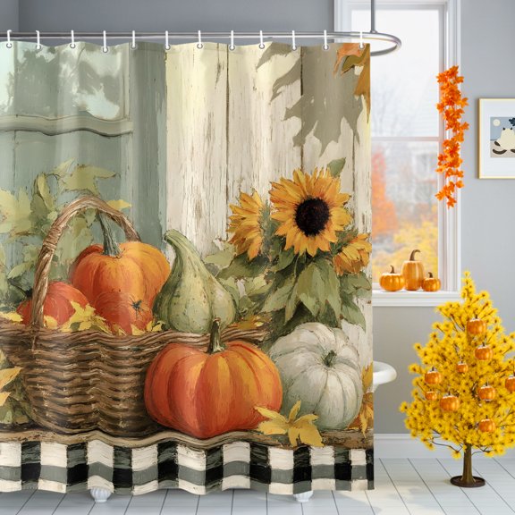 Bathroom Shower Curtain Harvest Pumpkin Sunflower Waterproof Shower Curtains with Hooks 36x72in, Shabby Chic Vintage Farm Bath Curtains Bathtub Curtain Home Decor