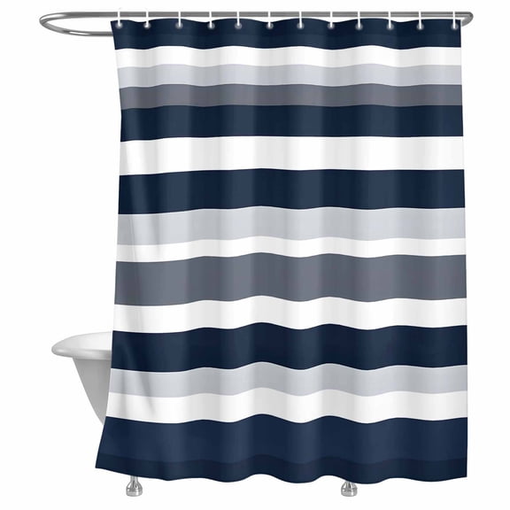 Bathroom Shower Curtain Horizontal Stripe Navy Blue White Gray Waterproof Shower Curtains with Hooks, Minimalist Striation Art Bath Curtains Bathtub Curtain Home Decor 72x72in