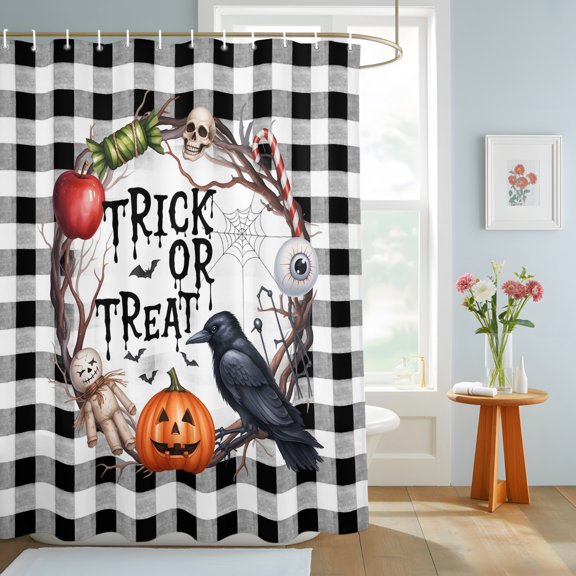 Bathroom Shower Curtain Horror Crow Doll and Skull on Plaid Waterproof Shower Curtains with Hooks, Scary Halloween Bath Curtains Bathtub Curtain 72x84in