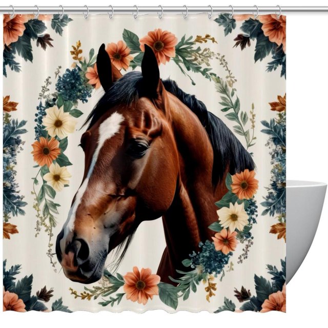 Bathroom Shower Curtain Horse Floral, Waterproof Fabric Shower Curtain