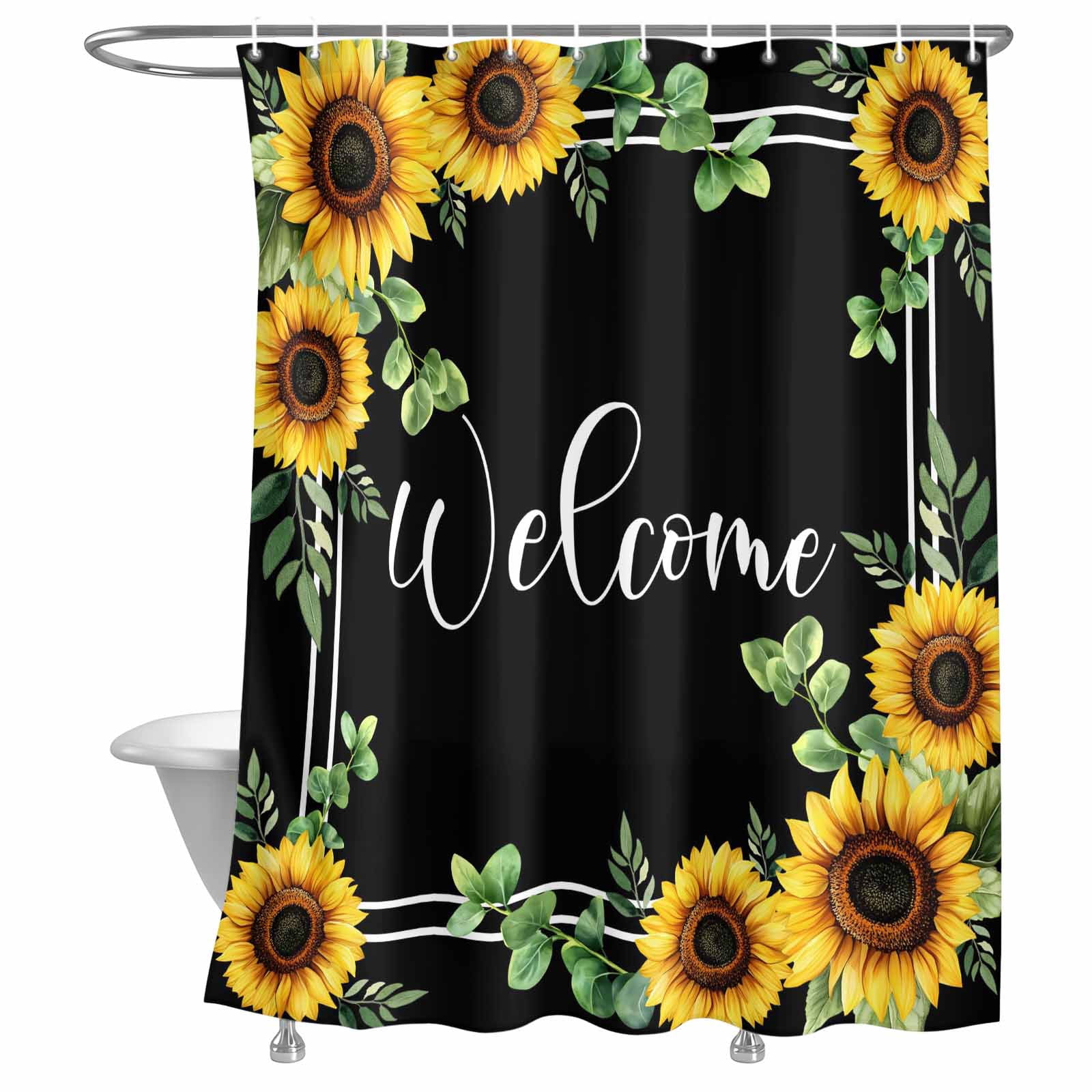 Bathroom Shower Curtain Idyllic Sunflower Green Leaves on Black ...