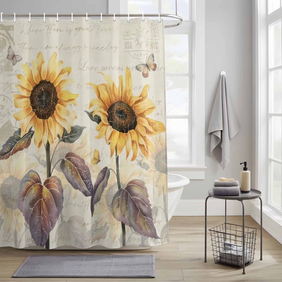 Bathroom Shower Curtain Idyllic Sunflower on Vintage Letter Waterproof Shower Curtains with Hooks, Farmhouse Plant Bath Curtains Bathtub Curtain Home Decor 36x72in