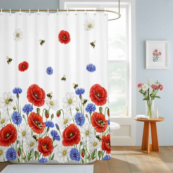 Bathroom Shower Curtain Independence Day Daisy Poppy Flower Waterproof Shower Curtains with Hooks, Country Floral Bee Bath Curtains Bathtub Curtain Home Decor 72x84in