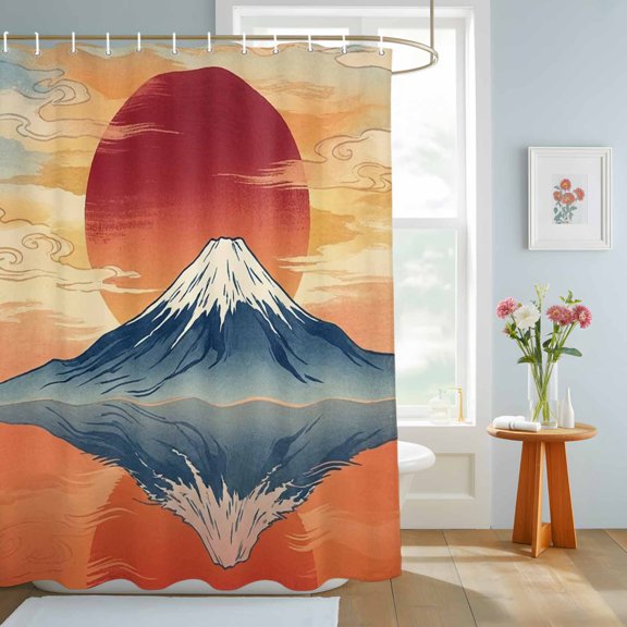 Bathroom Shower Curtain Japanese Cherry Sunsets Waterproof Shower Curtains with Hooks, Retro Mountains Bath Curtains Bathtub Curtain Home Decor 72x84in