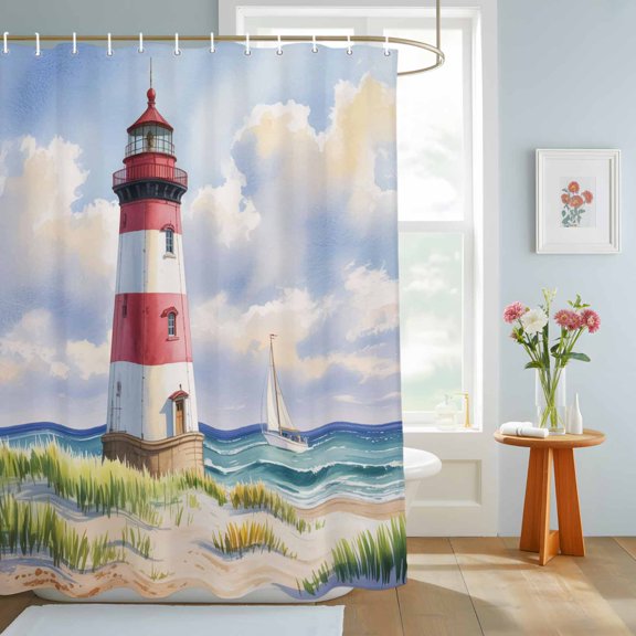 Bathroom Shower Curtain Lighthouse Beach Beach Sea Island Waterproof Shower Curtains with Hooks, Vintage Oil Painting Art Bath Curtains Bathtub Curtain Home Decor 72x84in
