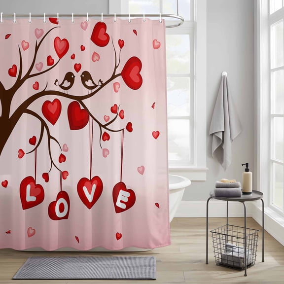 Bathroom Shower Curtain Love Tree Happy Valentine's Day Waterproof Shower Curtains with Hooks, Couple Bird Pink Gradient Bath Curtains Bathtub Curtain Home Decor 36x72in
