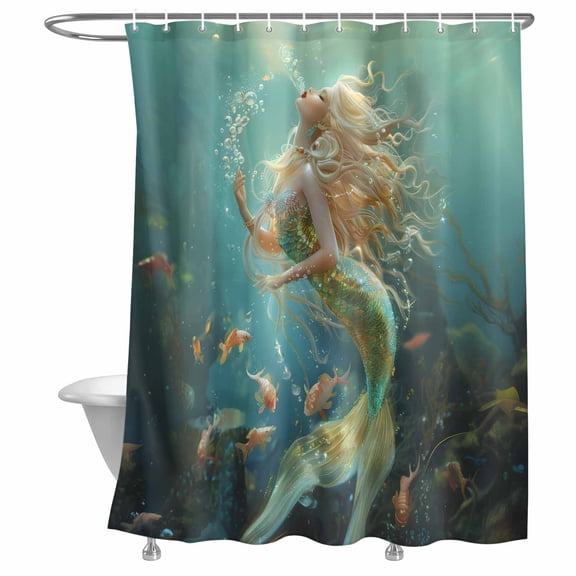 Bathroom Shower Curtain Marine Beautiful Mermaid Fish Waterproof Shower Curtains with Hooks, Undersea Ocean Life Seaweed Bath Curtains Bathtub Curtain Home Decor 72x72in