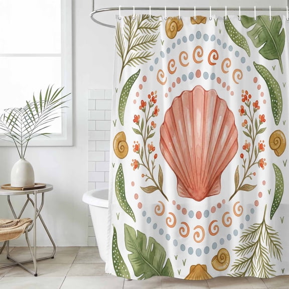 Bathroom Shower Curtain Marine Shell Flower Leaves Waterproof Shower Curtains with Hooks, Watercolor Ocean Conch Plant Bath Curtains Bathtub Curtain Home Decor 36x72in