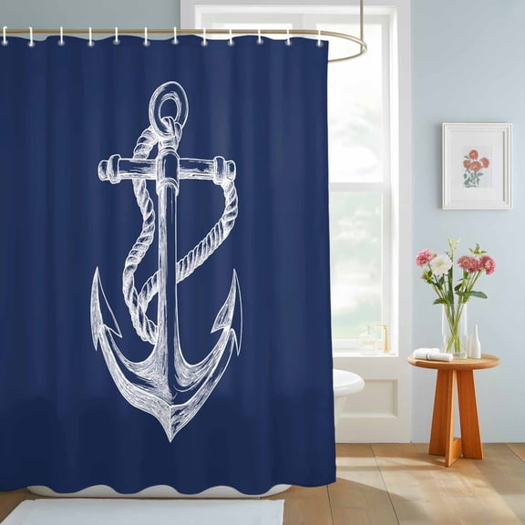 Bathroom Shower Curtain Marine Theme Anchor String Sketch Waterproof Shower Curtains with Hooks, Watercolor Nautical Theme Bath Curtains Bathtub Curtain Home Decor 72x84in