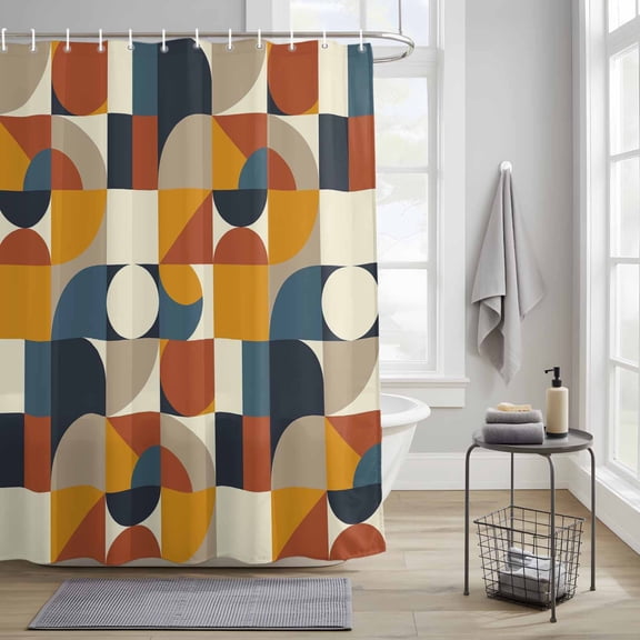 Bathroom Shower Curtain Mid Century Abstract Geometric Nordic Style Waterproof Shower Curtains with Hooks, Retro Color Block Bath Curtains Bathtub Curtain Home Decor 36x72in
