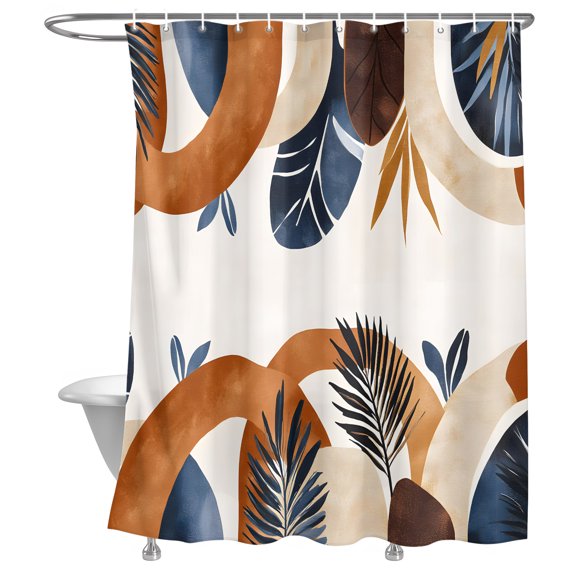 Bathroom Shower Curtain Mid Century Abstract Leaf Boho Waterproof Shower Curtains with Hooks, Terracotta Aesthetic Color Block