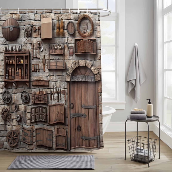 Bathroom Shower Curtain Mid Century Retro Farmhouse Waterproof Shower Curtains with Hooks, Farm Wood Grain Brick Bath Curtains Bathtub Curtain Home Decor 36x72in