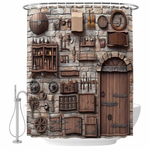 Bathroom Shower Curtain Mid Century Retro Farmhouse Waterproof Shower Curtains with Hooks, Farm Wood Grain Brick Bath Curtains Bathtub Curtain Home Decor 60x72in