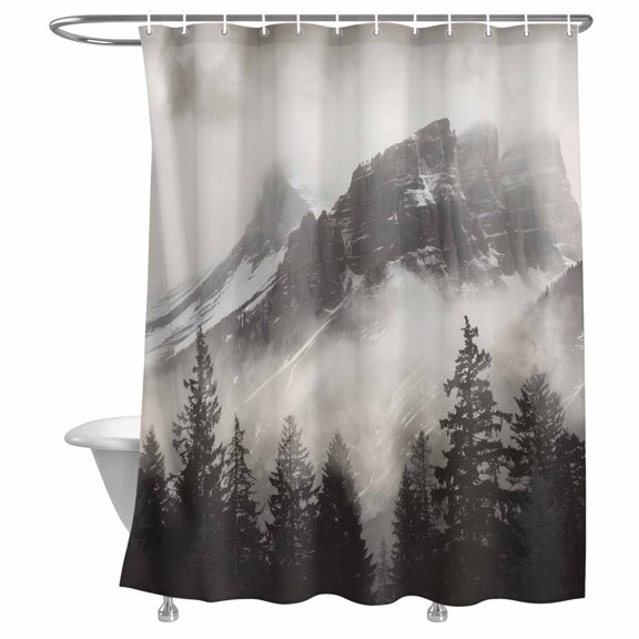 Bathroom Shower Curtain Misty Snow Mountains Waterproof Shower Curtains with Hooks, Forest Landscape Grey Bath Curtains Bathtub Curtain Home Decor 72x72in