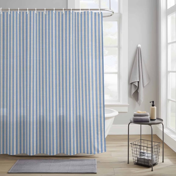 Bathroom Shower Curtain Modern Blue Striped on Linen Waterproof Shower Curtains with Hooks, Vintage Vertical Stripes Bath Curtains Bathtub Curtain Home Decor 36x72in