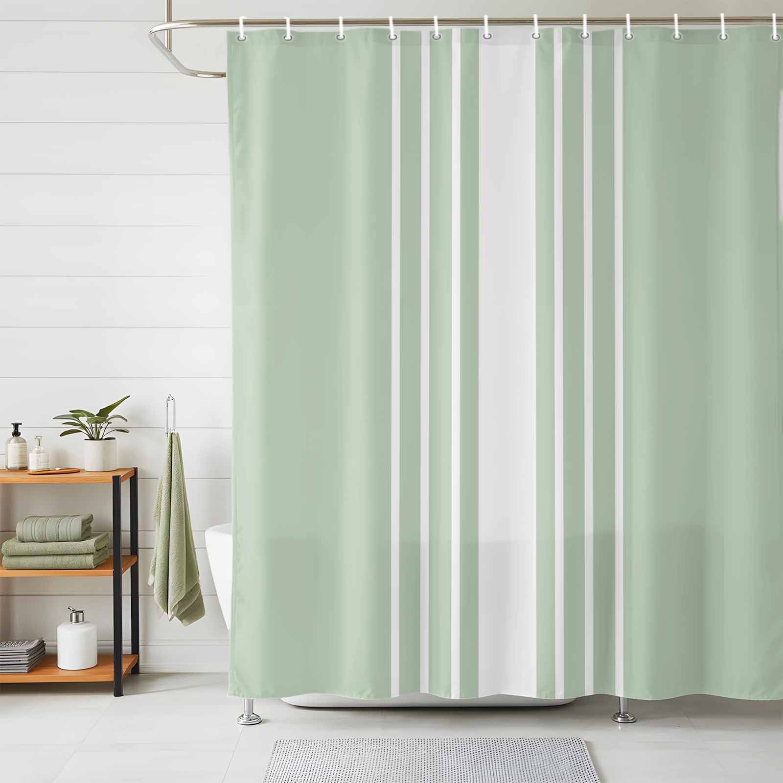 Bathroom Shower Curtain Modern White Stripe on Green Waterproof Shower ...
