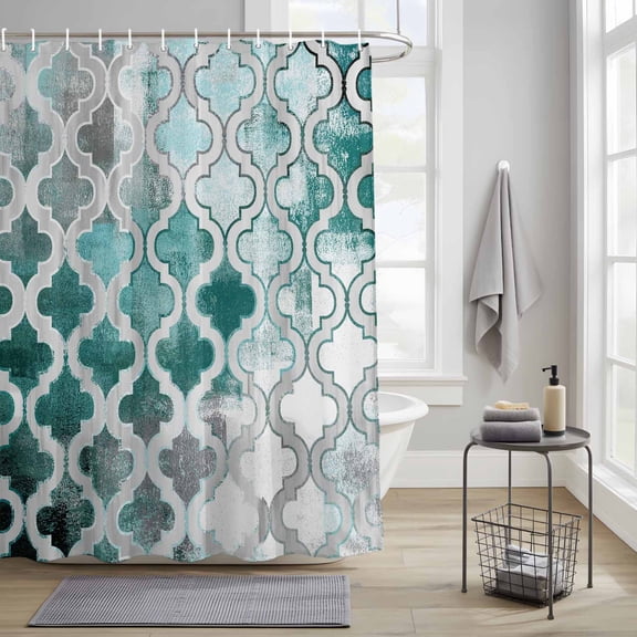 Bathroom Shower Curtain Moroccan Lattice Teal Gradient Waterproof Shower Curtains with Hooks, Watercolor Oil Painting Style Bath Curtains Bathtub Curtain Home Decor 36x72in