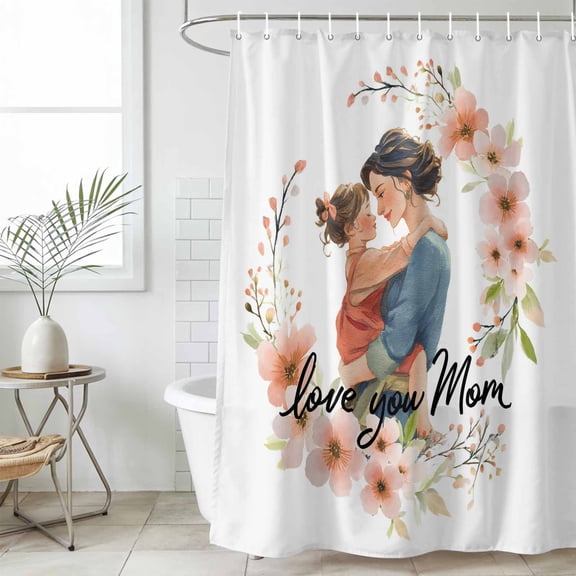 Bathroom Shower Curtain Mother's Day Flower Wreath Waterproof Shower Curtains with Hooks, Love You Mom Quote Bath Curtains Bathtub Curtain Home Decor 36x72in