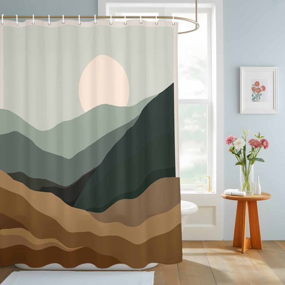 Bathroom Shower Curtain Natural Scenery Abstract Sunset Waterproof Shower Curtains with Hooks, Mountain Brown Green Stripe Bath Curtains Bathtub Curtain Home Decor 72x84in