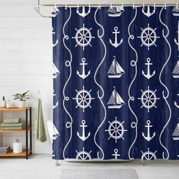 Bathroom Shower Curtain Nautical Anchor Sailboat Waterproof Shower Curtains with Hooks, Deep Navy Blue Background Bath Curtains Bathtub Curtain Home Decor 48x72in
