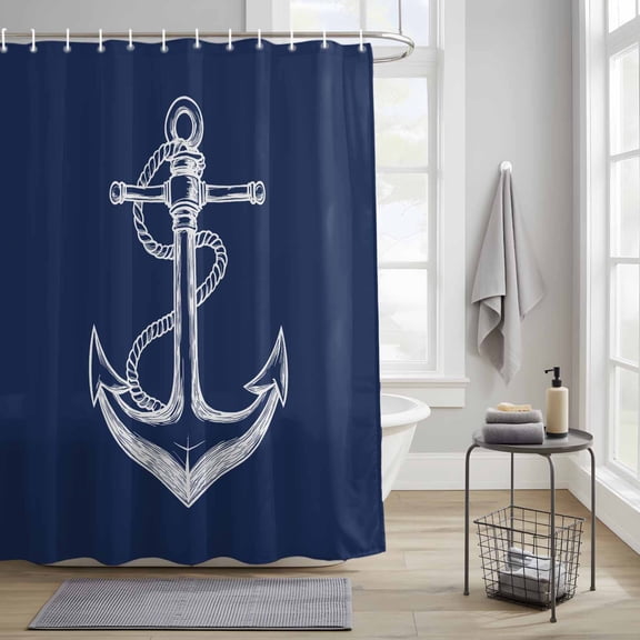 Bathroom Shower Curtain Nautical Sailing Anchor String Sketch Waterproof Shower Curtains with Hooks, Marine Navy Blue White Bath Curtains Bathtub Curtain Home Decor 36x72in